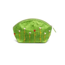 Kosmetiktasche, Rohseide bestickt,  Grün